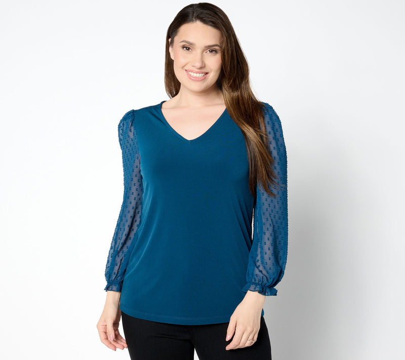 Susan Graver Occasions Liquid Knit V-Neck Top with Novelty Sleeves — View 3