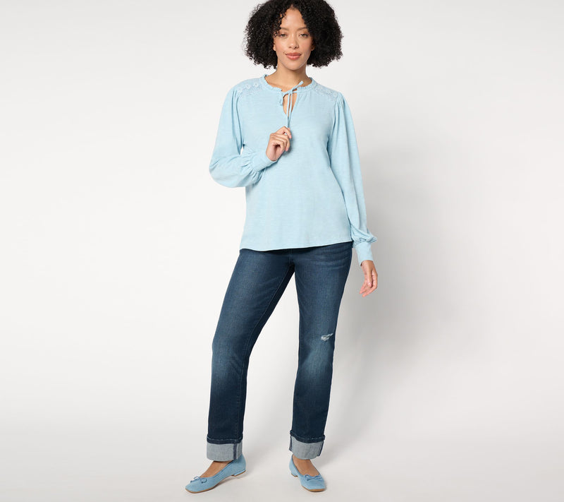 Me by Jennie Garth Calico Knit Blouse with Crochet Detail — View 3