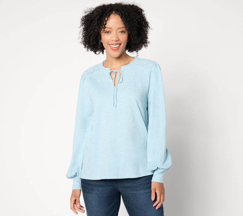 Me by Jennie Garth Calico Knit Blouse with Crochet Detail — View 11