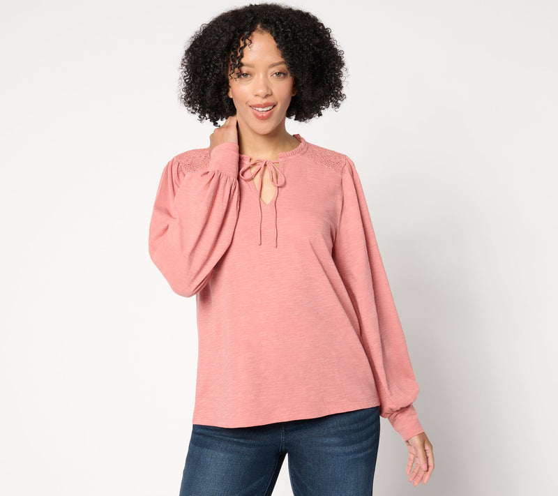 Me by Jennie Garth Calico Knit Blouse with Crochet Detail — View 12