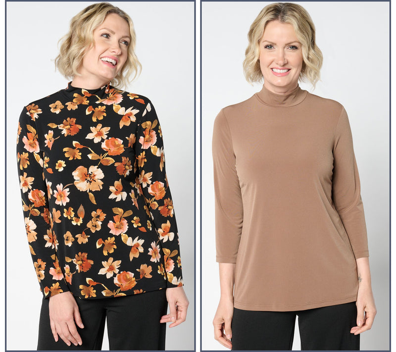 Susan Graver Set of 2 Print & Solid Liquid Knit Mock Neck Tops — View 7