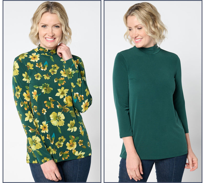Susan Graver Set of 2 Print & Solid Liquid Knit Mock Neck Tops — View 5