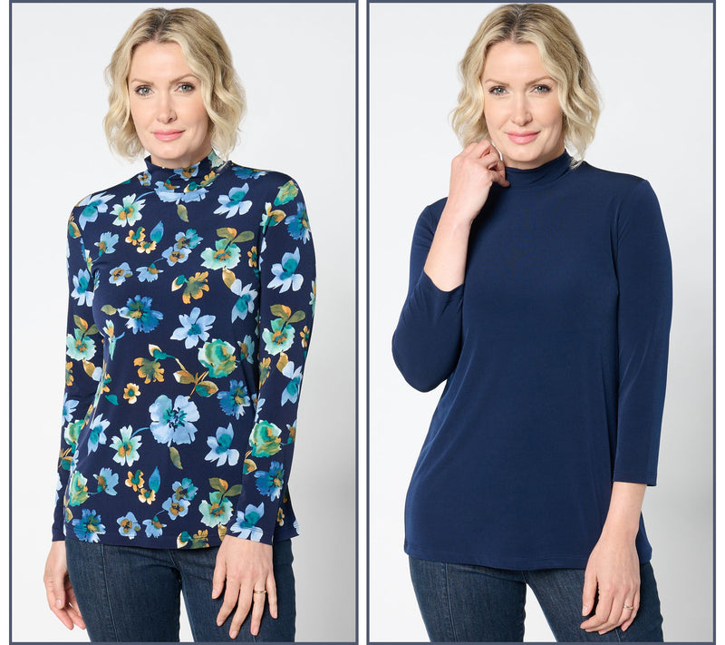 Susan Graver Set of 2 Print & Solid Liquid Knit Mock Neck Tops — View 3