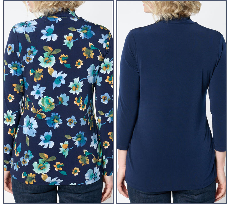 Susan Graver Set of 2 Print & Solid Liquid Knit Mock Neck Tops — View 15