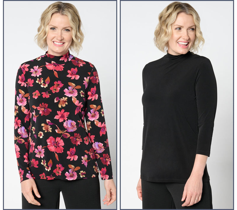 Susan Graver Set of 2 Print & Solid Liquid Knit Mock Neck Tops — View 9
