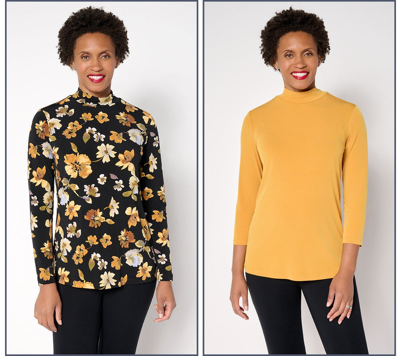 Susan Graver Set of 2 Print & Solid Liquid Knit Mock Neck Tops — View 11