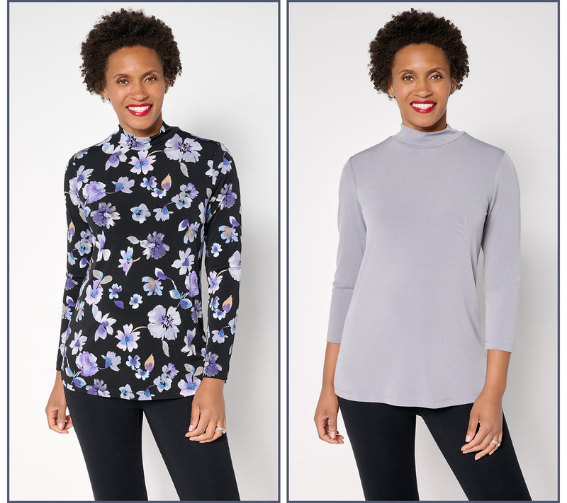 Susan Graver Set of 2 Print & Solid Liquid Knit Mock Neck Tops — View 13