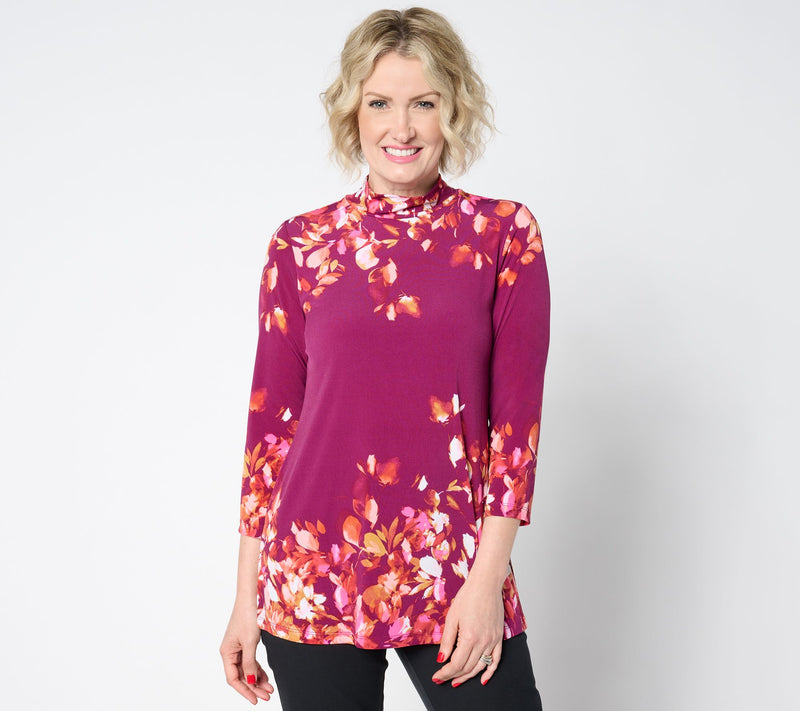 Susan Graver Regular Printed Liquid Knit 3/4 Sleeve Mock-Neck Tunic — View 3