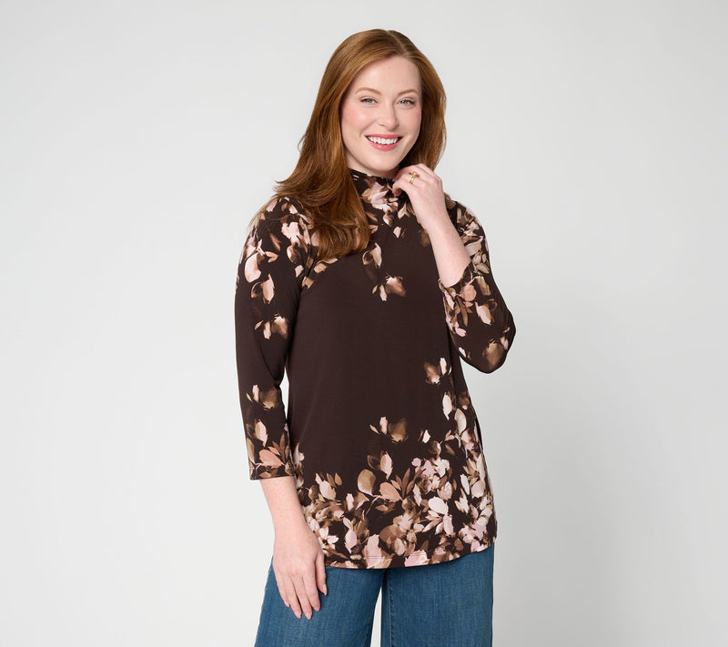 Susan Graver Regular Printed Liquid Knit 3/4 Sleeve Mock-Neck Tunic — View 19