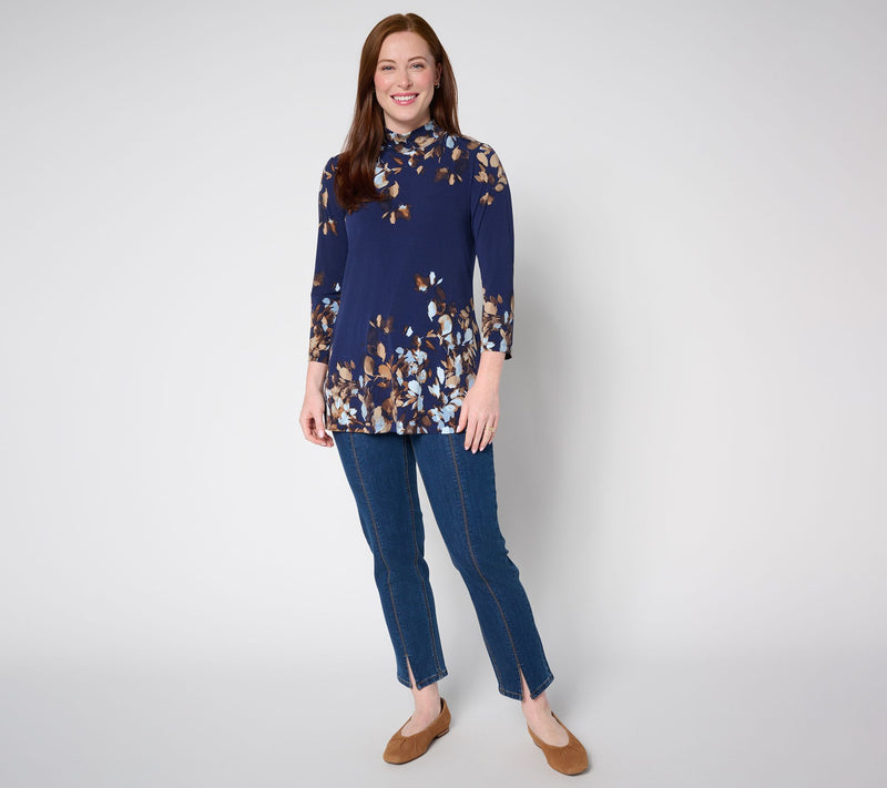 Susan Graver Petite Printed Liquid Knit 3/4 Sleeve Mock-Neck Tunic — View 13