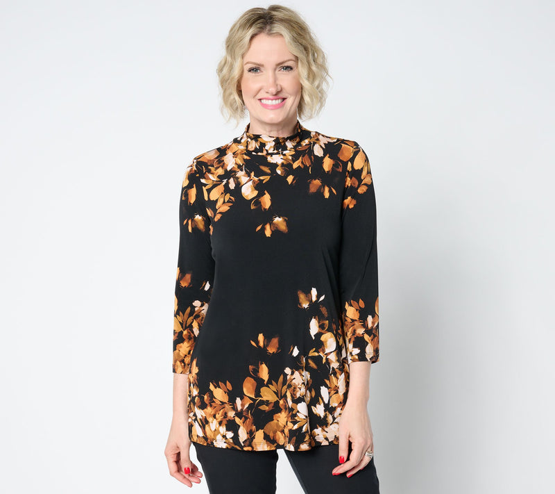 Susan Graver Petite Printed Liquid Knit 3/4 Sleeve Mock-Neck Tunic — View 5