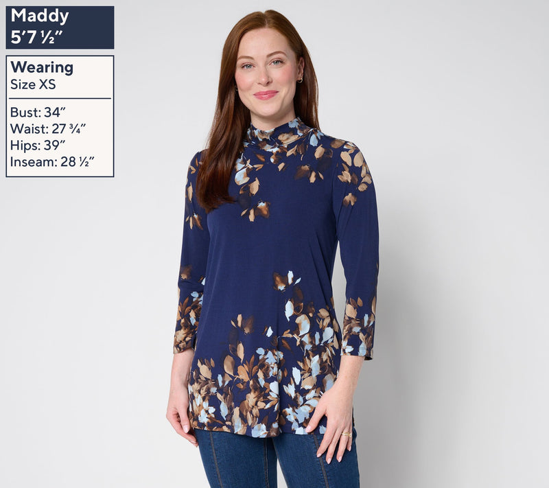 Susan Graver Petite Printed Liquid Knit 3/4 Sleeve Mock-Neck Tunic — View 11