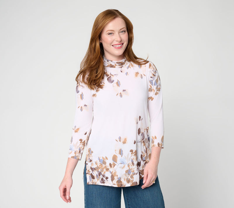 Susan Graver Petite Printed Liquid Knit 3/4 Sleeve Mock-Neck Tunic — View 22