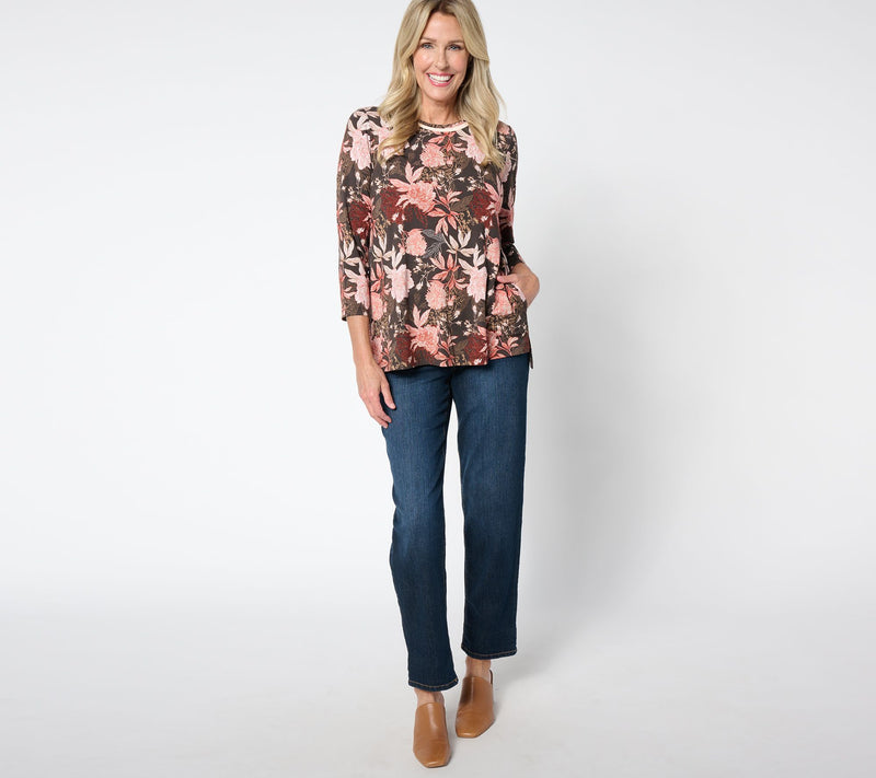 LOGO by Lori Goldstein 3/4-Sleeve Crewneck Piped Printed Top — View 3