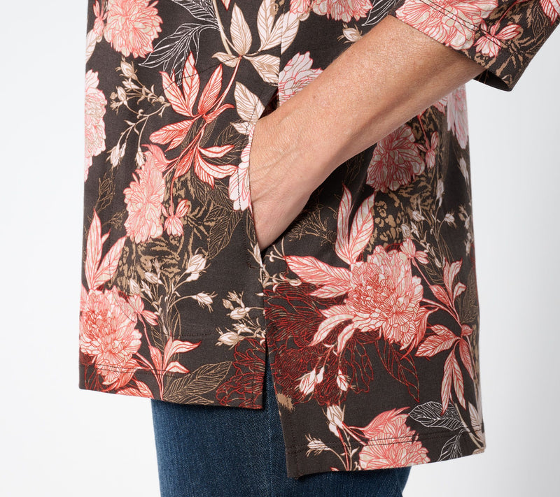 LOGO by Lori Goldstein 3/4-Sleeve Crewneck Piped Printed Top — View 4
