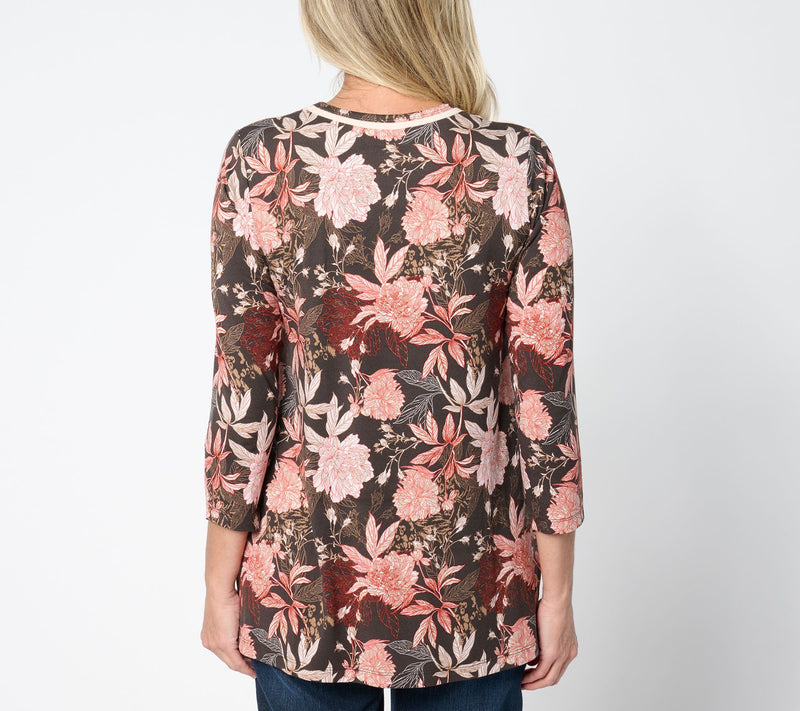 LOGO by Lori Goldstein 3/4-Sleeve Crewneck Piped Printed Top — View 2