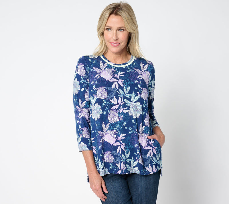 LOGO by Lori Goldstein 3/4-Sleeve Crewneck Piped Printed Top — View 11