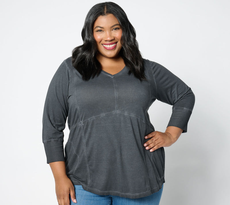 LOGO by Lori Goldstein Antique Wash 3/4 Sleeve Knit V-Neck Top — View 8