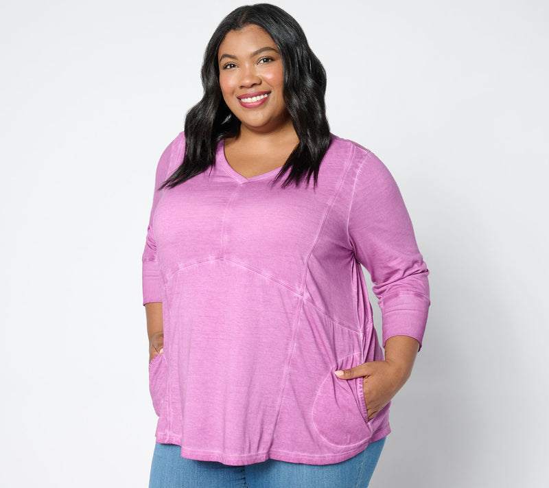LOGO by Lori Goldstein Antique Wash 3/4 Sleeve Knit V-Neck Top — View 9