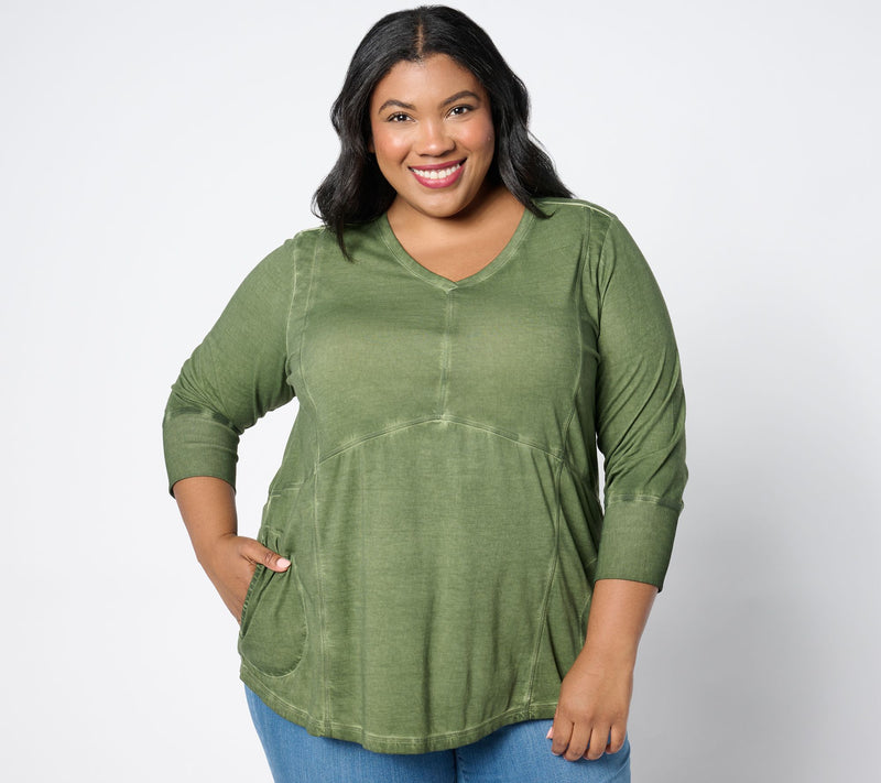 LOGO by Lori Goldstein Antique Wash 3/4 Sleeve Knit V-Neck Top — View 10