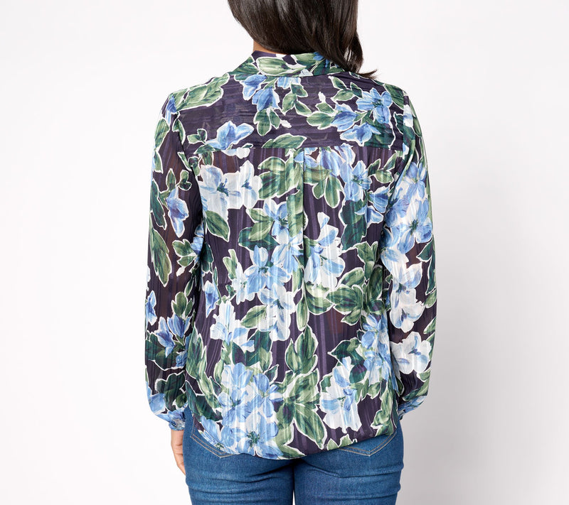 Denim & Co. Signature Sheer Floral Button Front Shirt — View 2