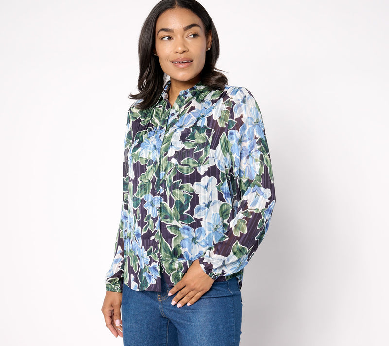 Denim & Co. Signature Sheer Floral Button Front Shirt — View 8