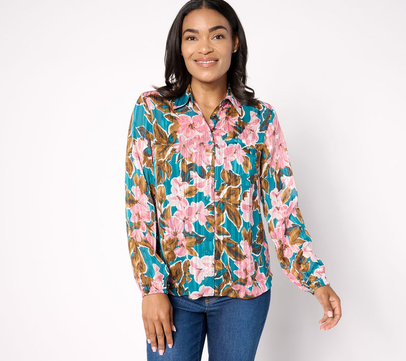 Denim & Co. Signature Sheer Floral Button Front Shirt — View 10