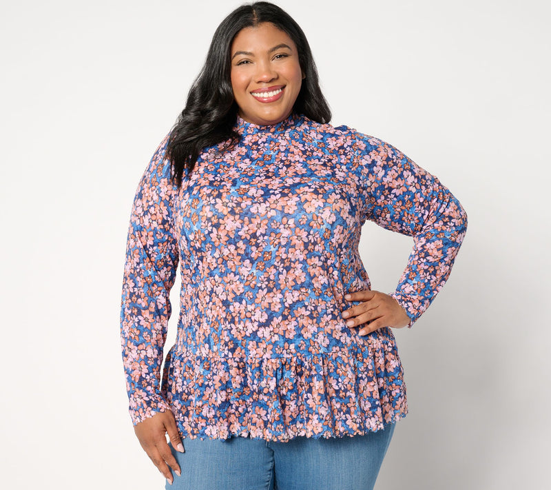 LOGO by Lori Goldstein Floral Print Lace Mock Neck Top — Main view