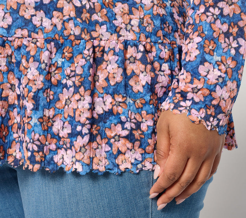 LOGO by Lori Goldstein Floral Print Lace Mock Neck Top — View 4