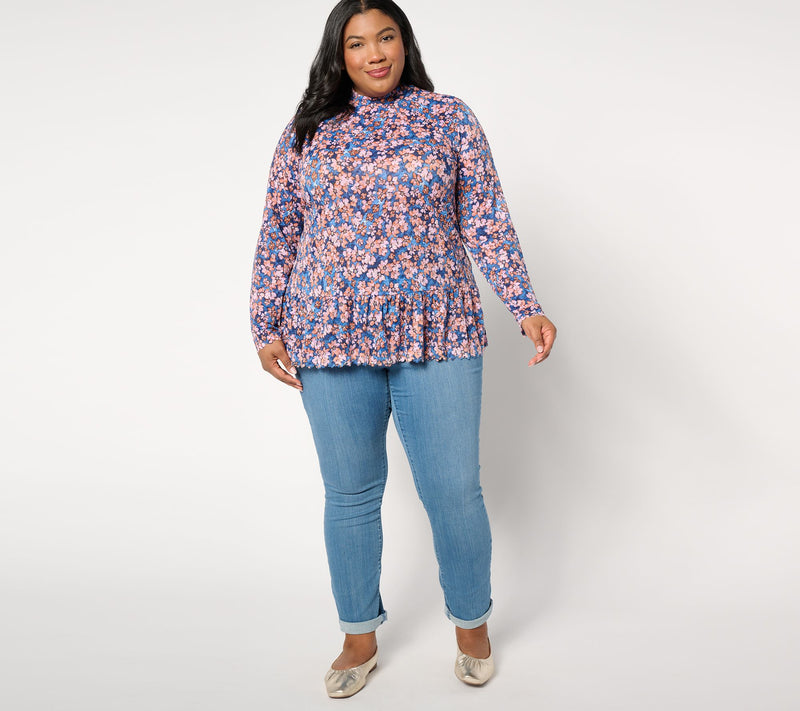 LOGO by Lori Goldstein Floral Print Lace Mock Neck Top — View 3