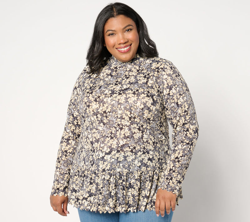 LOGO by Lori Goldstein Floral Print Lace Mock Neck Top — View 8
