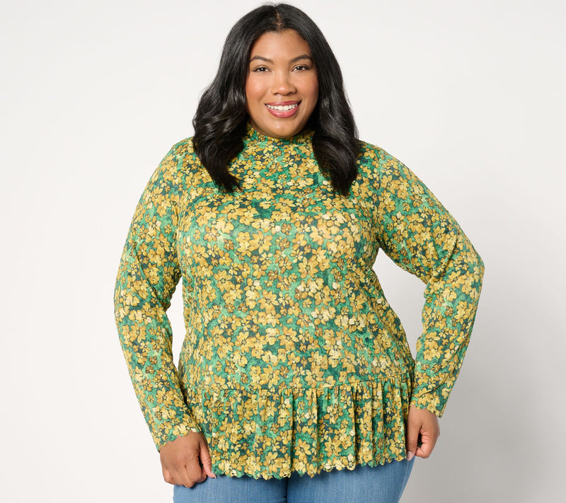 LOGO by Lori Goldstein Floral Print Lace Mock Neck Top — View 10