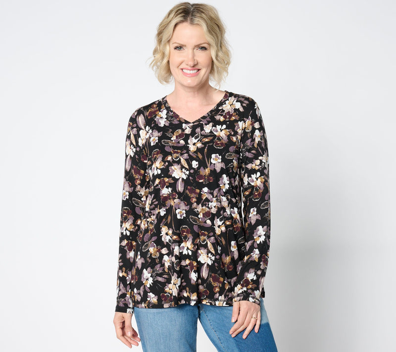 LOGO by Lori Goldstein Long Sleeve V-Neck Printed Top — View 7