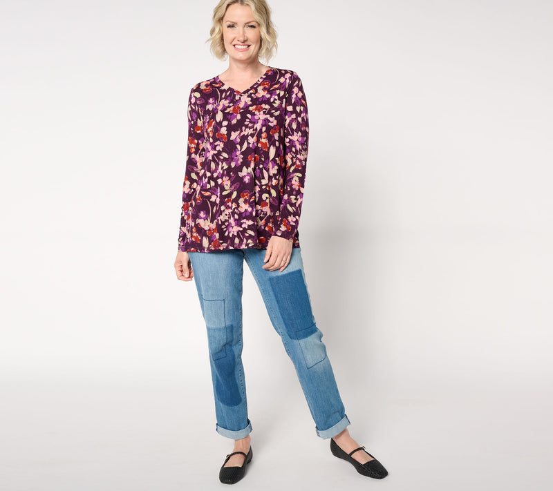 LOGO by Lori Goldstein Long Sleeve V-Neck Printed Top — View 9