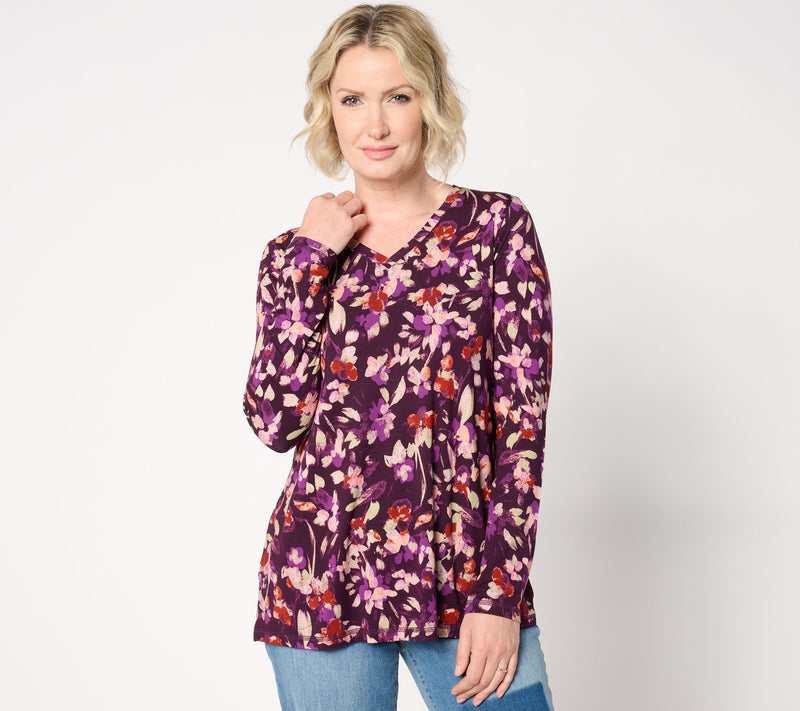 LOGO by Lori Goldstein Long Sleeve V-Neck Printed Top — Main view