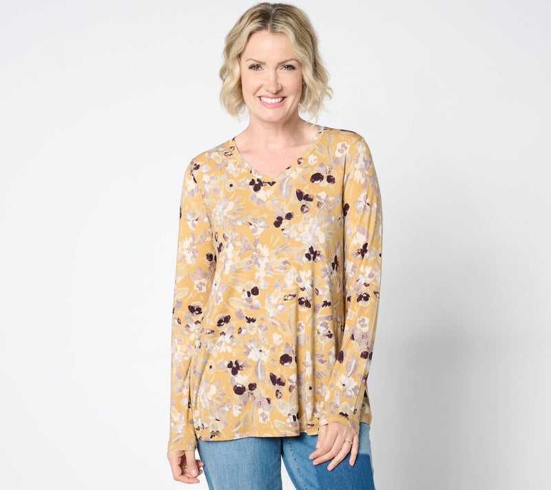 LOGO by Lori Goldstein Long Sleeve V-Neck Printed Top — View 5