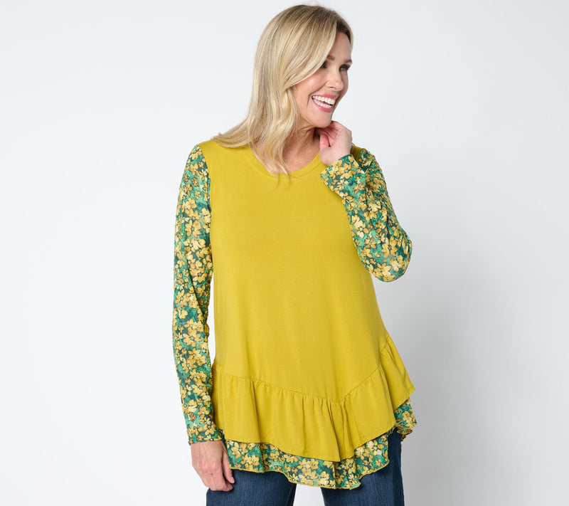 LOGO by Lori Goldstein Long Sleeve Scoop Neck Lace Mix Top — View 10