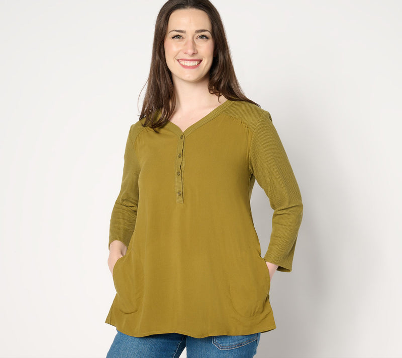 LOGO by Lori Goldstein 3/4 Sleeve V-Neck Henley Waffle Mix Top — View 5