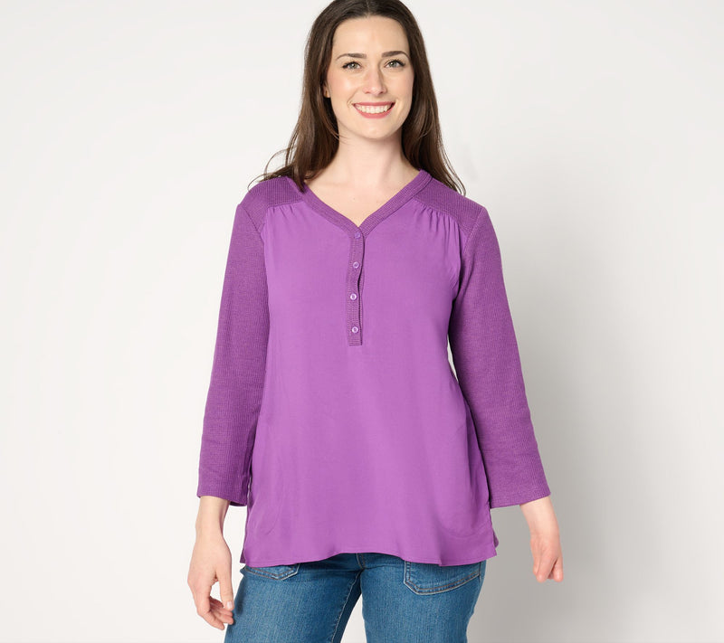 LOGO by Lori Goldstein 3/4 Sleeve V-Neck Henley Waffle Mix Top — View 7