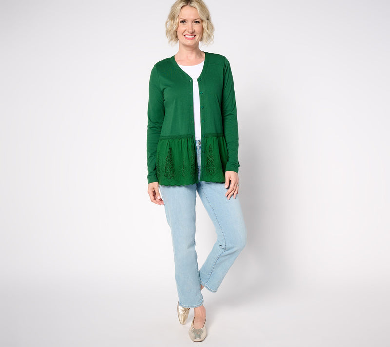 LOGO Lavish by Lori Goldstein V-Neck Cardigan w/ Eyelet Peplum — View 3