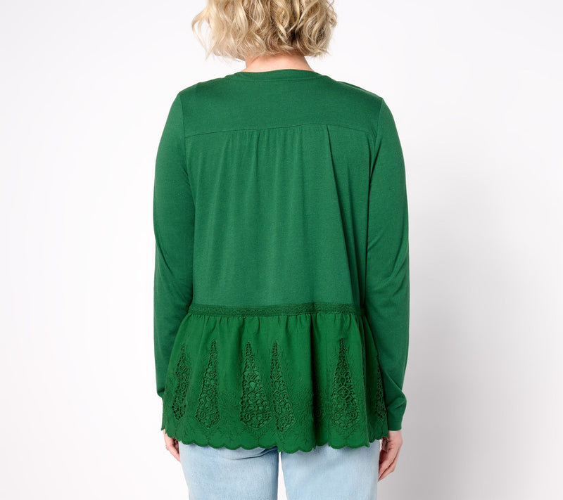 LOGO Lavish by Lori Goldstein V-Neck Cardigan w/ Eyelet Peplum — View 2