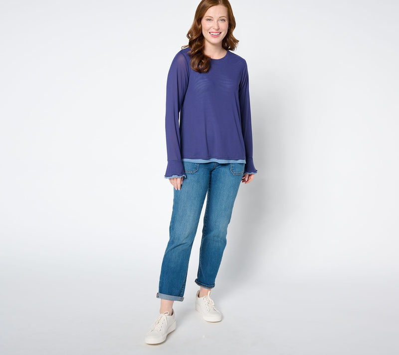 LOGO by Lori Goldstein Long Sleeve 2-Layer Mesh Top — View 3