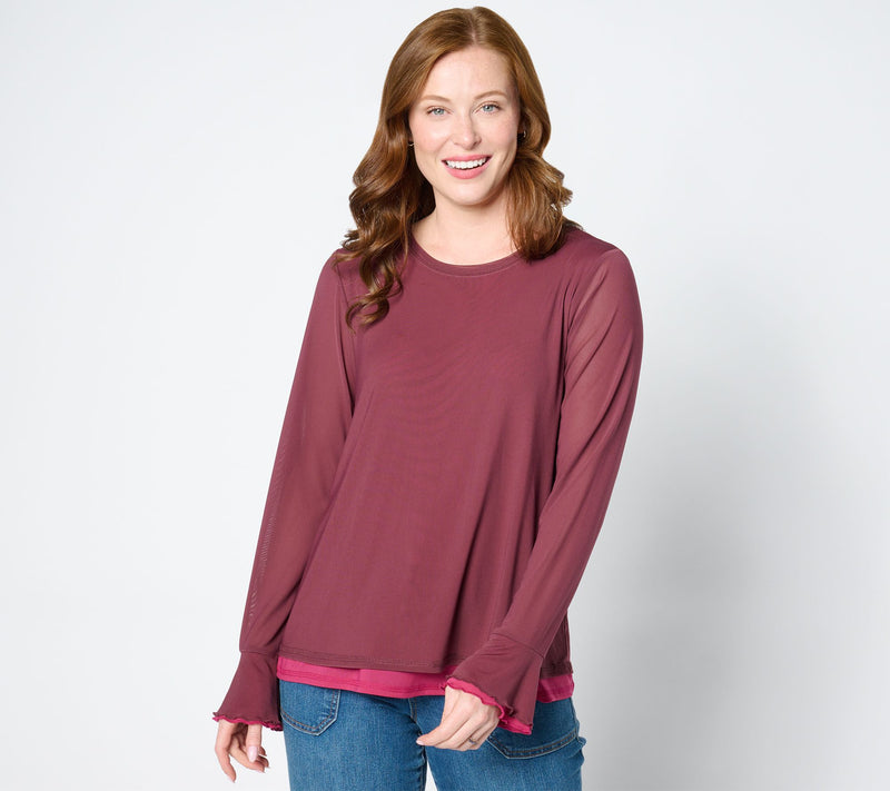 LOGO by Lori Goldstein Long Sleeve 2-Layer Mesh Top — View 9