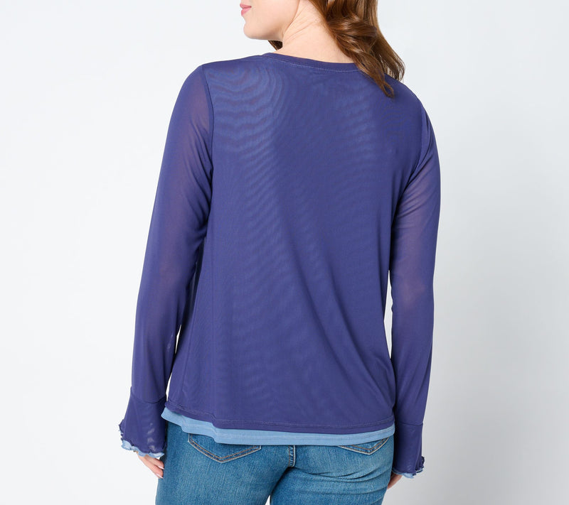 LOGO by Lori Goldstein Long Sleeve 2-Layer Mesh Top — View 2
