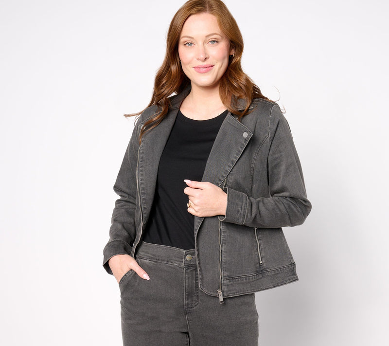Denim & Co. Signature Perfect Flex Black/Grey Moto Jacket — Main view