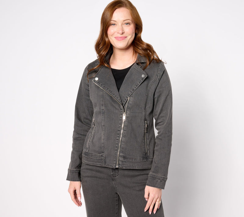 Denim & Co. Signature Perfect Flex Black/Grey Moto Jacket — View 5