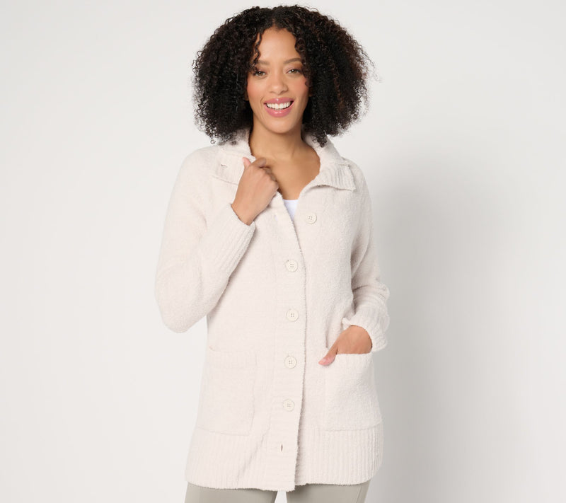 Barefoot Dreams CozyChic Luxe Funnel Neck Button Front Cardigan — View 3
