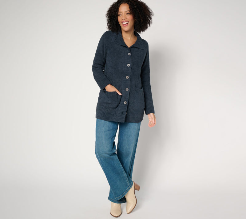 Barefoot Dreams CozyChic Luxe Funnel Neck Button Front Cardigan — View 15