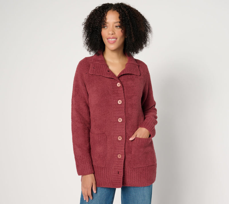 Barefoot Dreams CozyChic Luxe Funnel Neck Button Front Cardigan — View 7