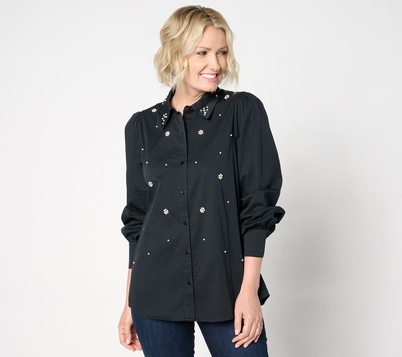 Dennis Basso Cotton Button Front Top with Embellishments — View 7